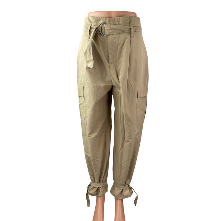 Zara Women's Beige High Rise Pleated Belted Baggy Tapered Trousers Cargo Pants S