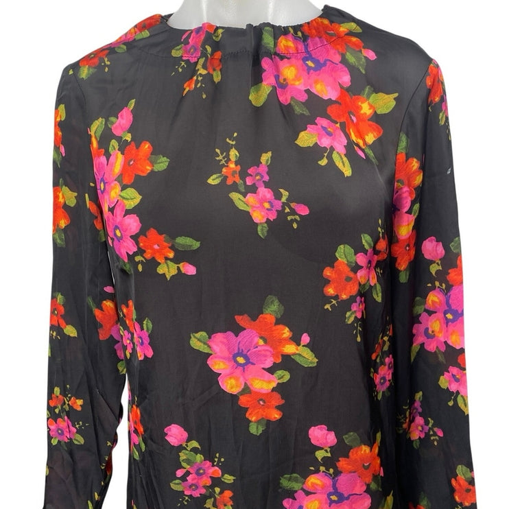 Asos Black Pink Floral Long Sleeve Cutout Back Tie Waist A Line Midi Dress Sz 6