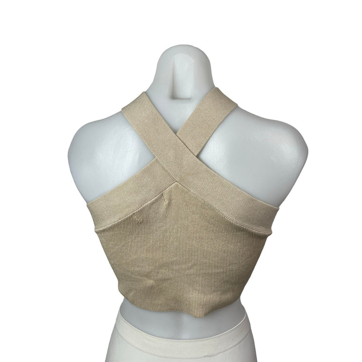 House of Harlow 1960 Cream Beige Cross Halter Sleeveless Knit Crop Top Size M