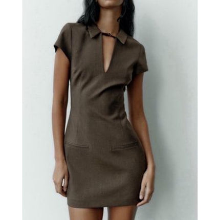 Zara Tan Short Sleeve Buckle Strap Pocket Collared Plunge V Neck Mini Dress XS