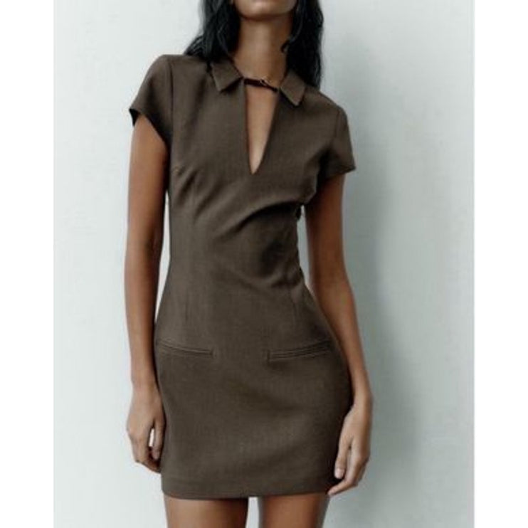 Zara Tan Short Sleeve Buckle Strap Pocket Collared Plunge V Neck Mini Dress XS