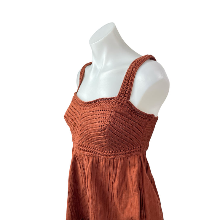 NEW Gap Brown Sleeveless Smocked Crochet Knit Cami Tiered A Line Mini Dress XS