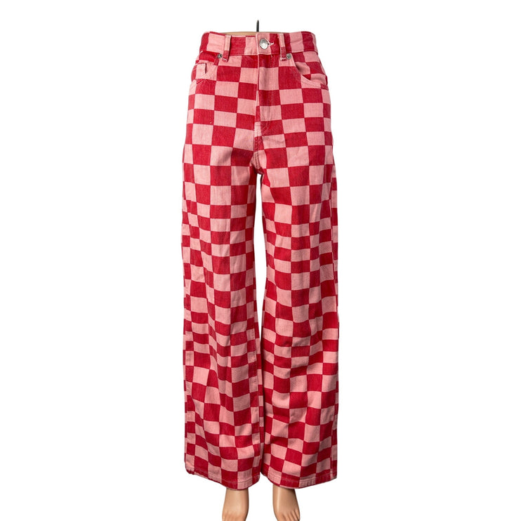 Zara Women's Pink Red Gingham Check High Rise Wide Leg Trousers Pants Size 2