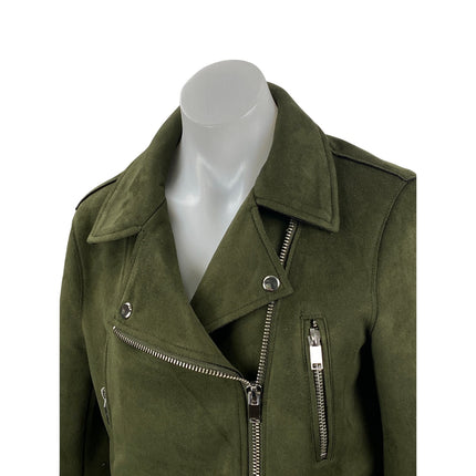 Zara Women's Green Faux Suede Belted Full Zip Crop Moto Biker Coat Jacket Size M