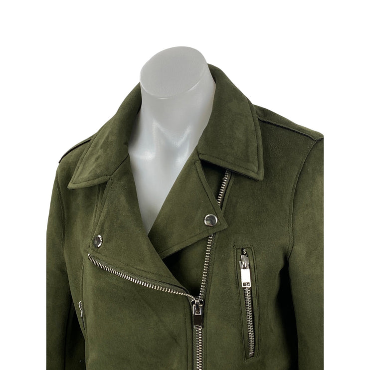 Zara Women's Green Faux Suede Belted Full Zip Crop Moto Biker Coat Jacket Size M