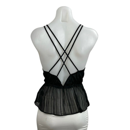 Express Black Sheer Mesh Plisse Deep V Neck Sleeveless Peplum Cami Tank Top Sz S