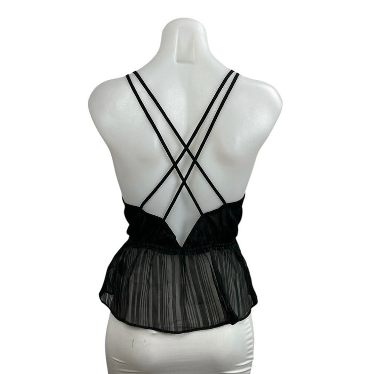 Express Black Sheer Mesh Plisse Deep V Neck Sleeveless Peplum Cami Tank Top Sz S