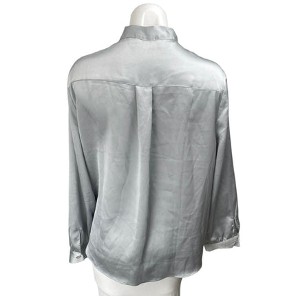 Adrianna Papell Silver Silk Satin Long Sleeve Bow Tie Neck Blouse Shirt Top Sz L