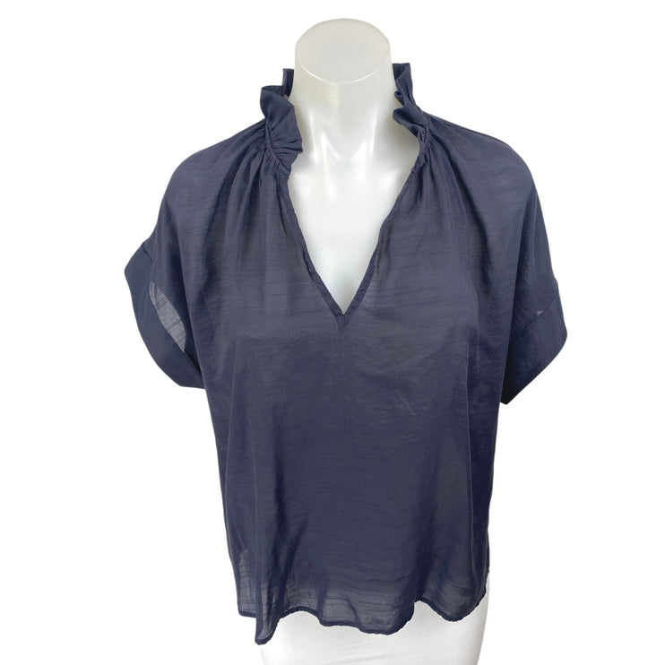 NEW Banana Republic Navy Blue Short Sleeve Ruffle V Neck Blouse Top Size XS