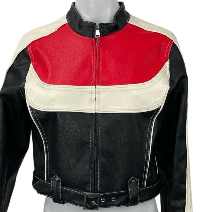 Urban Outfitters Jordan Black Red Faux Leather Crop Moto Racer Jacket Size S/M
