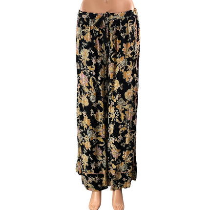 Free People Bali Wildflower Black Floral High Rise Wide Leg Trousers Pants Sz XS
