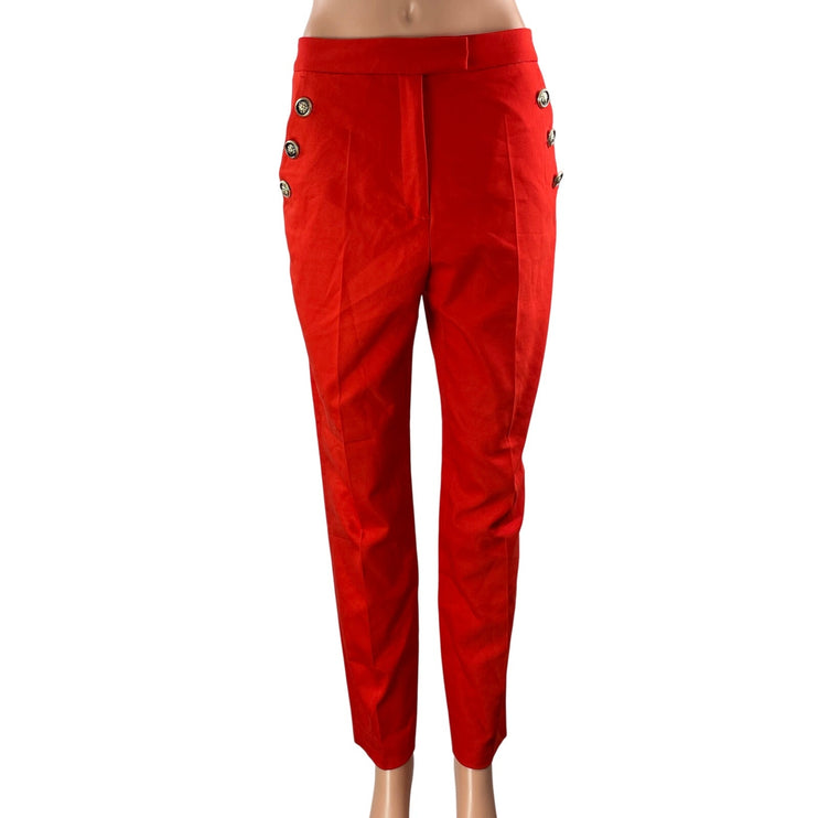Zara Women's Red Button High Rise Pull On Slim Straight Trousers Pants Size M