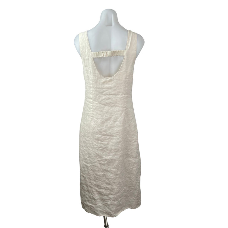 Sancia Beige 100% Linen Sleeveless Sweetheart Button Up Tank Shirt Midi Dress M