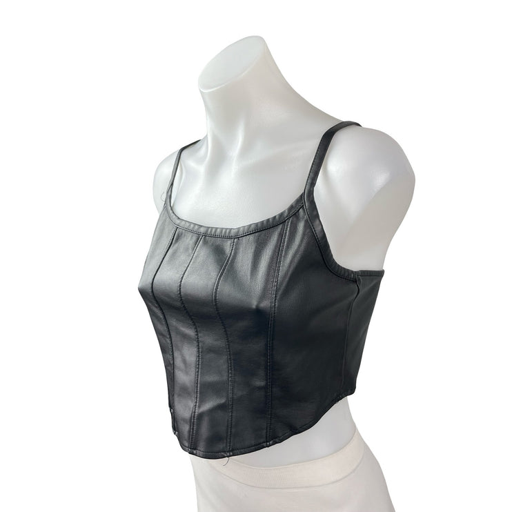 Kirious Black Faux Leather Vegan Corset Bustier Sleeveless Tank Crop Top Size M