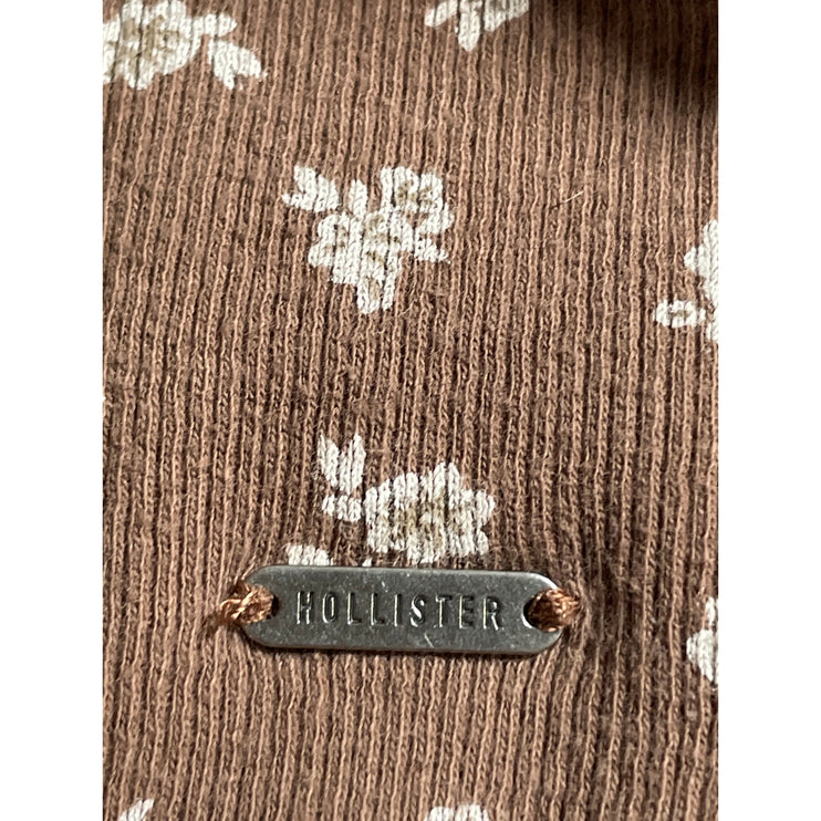 Hollister Brown Floral Lettuce Short Sleeve Crop Henley Baby Tee T-Shirt Top XS