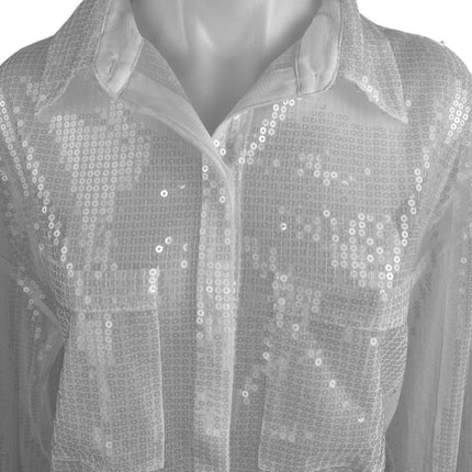 Chosen by KYHA Team 24 White Sequin Pockets Button Down Sheer Blouse Shirt Top L