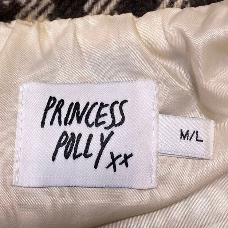 Princess Polly Cream Black Wool Plaid Checkered Long Sleeve Coat Jacket Size M/L