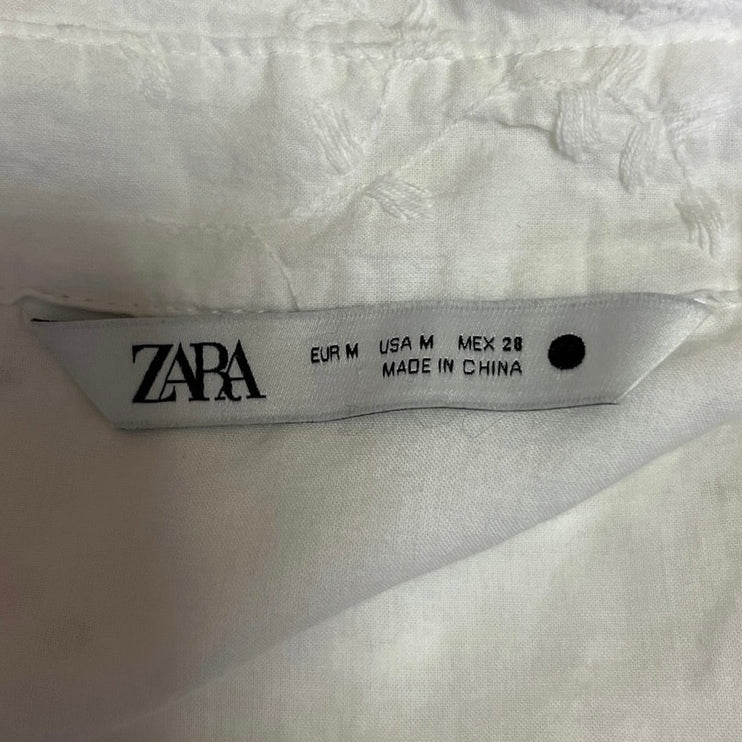 Zara White Collared Floral Embroidered Long Sleeve Mini Shirt Dress Size M