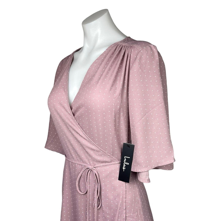 Lulus NWT Farah Pink Mauve V Neck Flowy Tie Flutter Sleeve Midi Wrap Dress Sz M