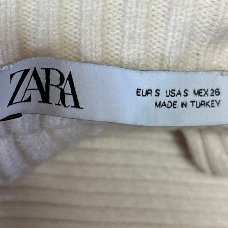 Zara Cream Ribbed Knit Mock Neck Drop Shoulder Cropped Sweater Top Size S