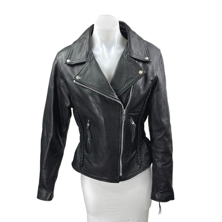 Interstate Leather Genuine Black Long Sleeve Zip Up Biker Motorcycle Jacket XS