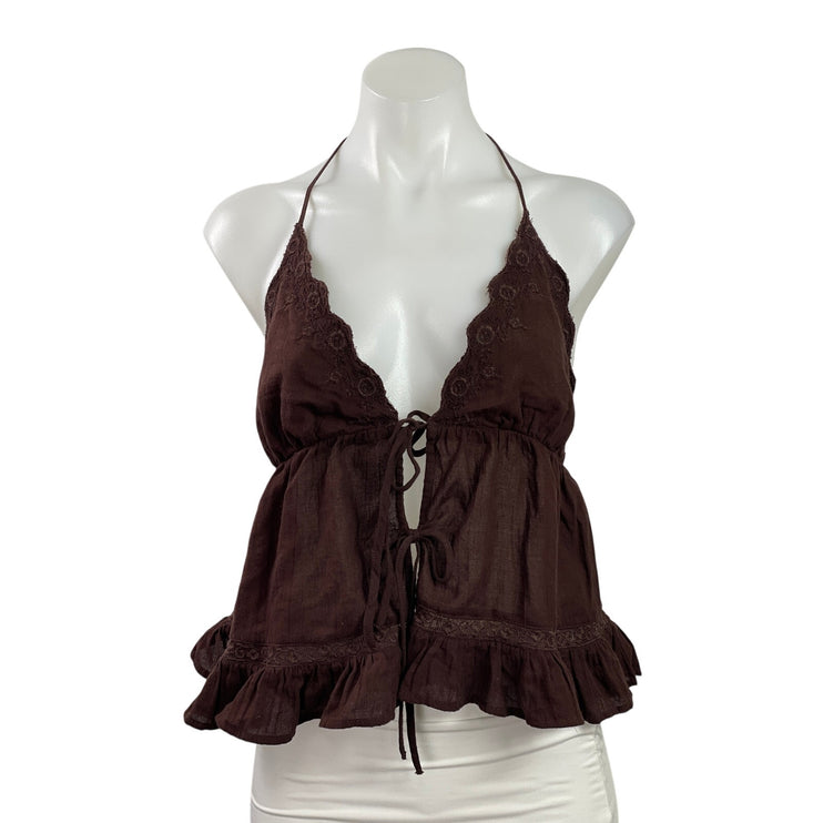 Zara Brown Sleeveless Cami Halter Embroidered Tie Front Ruffle Tank Top Size M