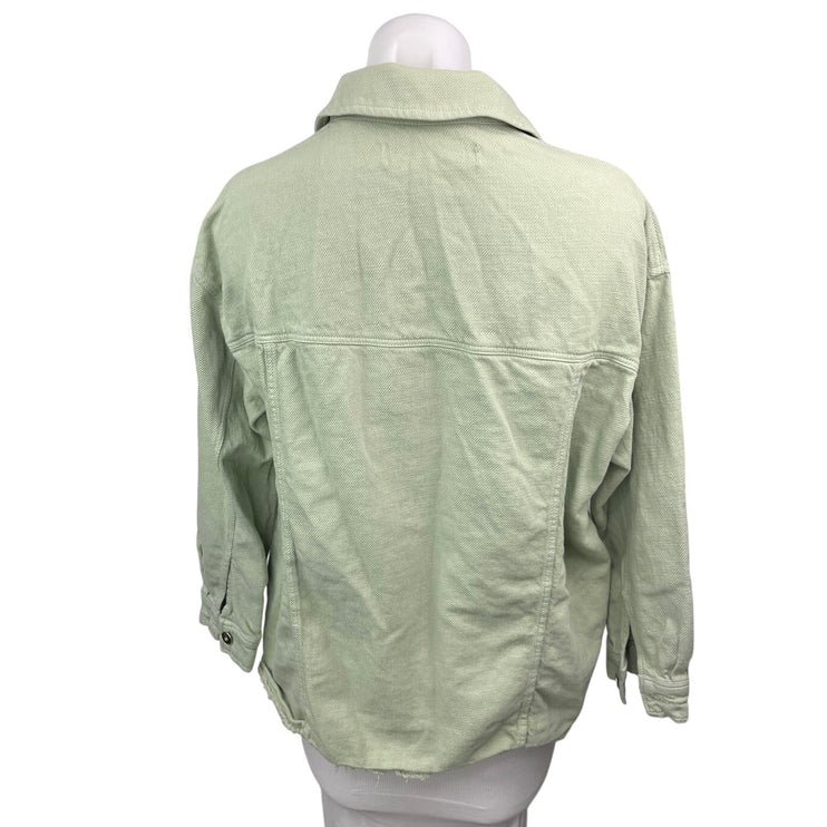 Zara Women's Green Denim Button Down Raw Hem Long Sleeve Shirt Jacket Top Size S