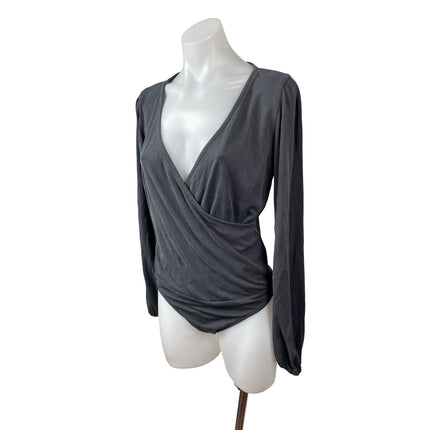 PST Women's Gray Long Sleeve Drape Faux Wrap V Neck Blouse Bodysuit Top Size M