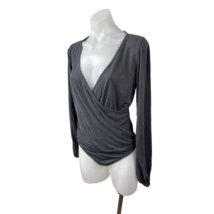 PST Women's Gray Long Sleeve Drape Faux Wrap V Neck Blouse Bodysuit Top Size M