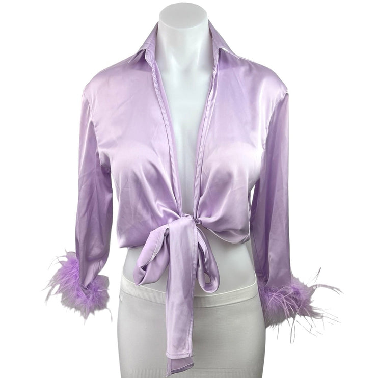 Rumours Purple Lilac Satin Faux Fur Trim Front Tie Crop Blouse Top Size M