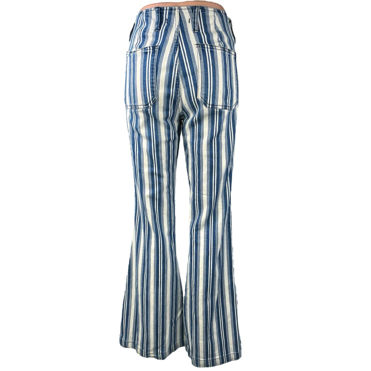 Free People Jolene Blue White Striped Flared Boot Cut Bell Bottom Jeans Pants 29