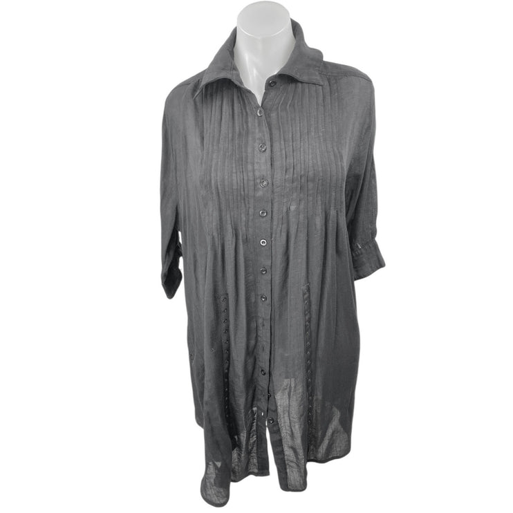 Weekender Black Long Sleeve Pintucked Pleated Button Down Mini Shirt Dress Sz XL