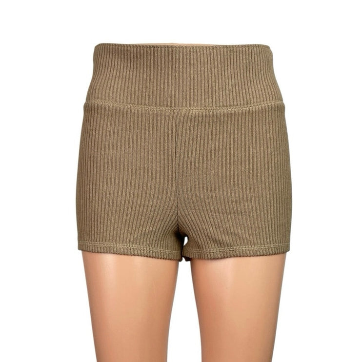 NEW Abercrombie & Fitch Tan Ribbed Knit High Rise Yoga Mini Biker Shorts Size S