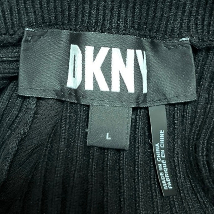 DKNY Black Sheer Sleeve Ribbed Knit Crewneck Stretch Long Sleeve Pullover Top L