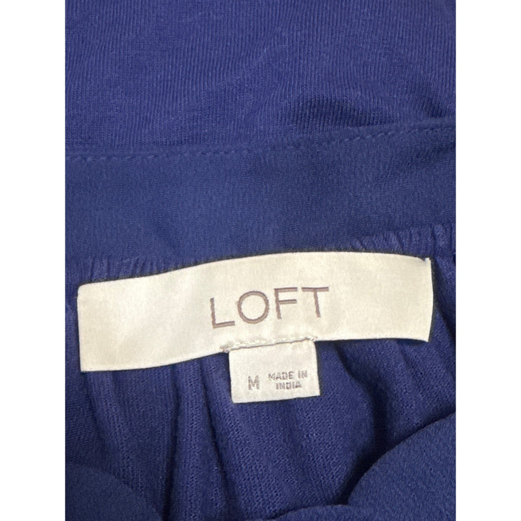 Loft Shirred Mixed Media Shell Womens Blue Sleeveless Tie Neck Tank Blouse Top M