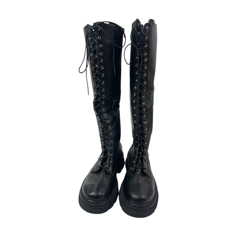 Maxwell Women's Black Leather Lace Up Round Toe Knee High Combat Riding Boots 8