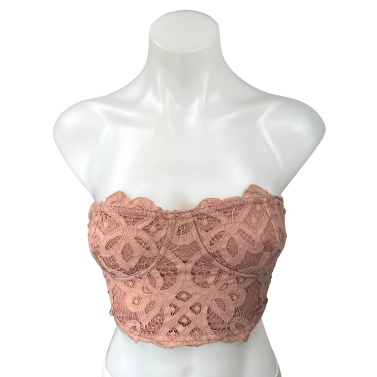 Free People Adella Pink Strapless Lace Crochet Tube Corset Bralette Crop Top XS