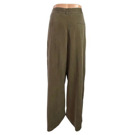 Zara Women's Olive Green High Rise Pleated Wide Leg Baggy Trousers Pants Size L