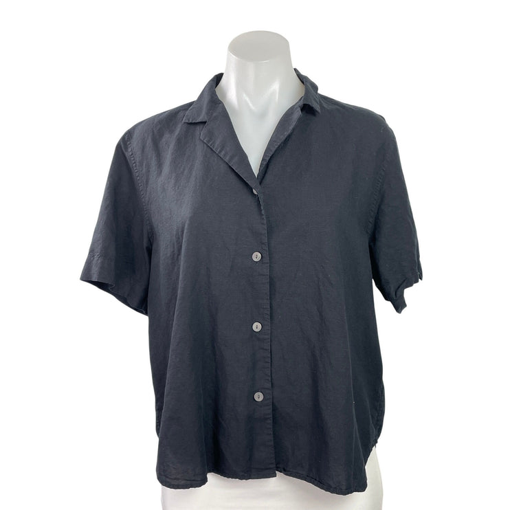 Uniqlo Womens Black Short Sleeve Collared Button Down Boxy Shirt Blouse Top M