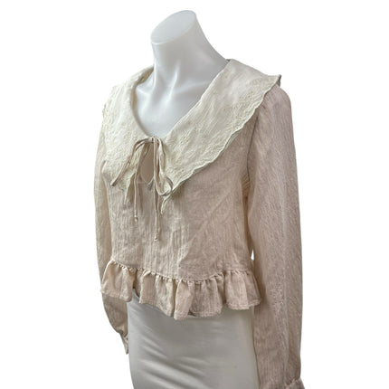 Zara Women's Beige Long Sleeve Tie Collared Ruffle Crop Peplum Blouse Top Size M