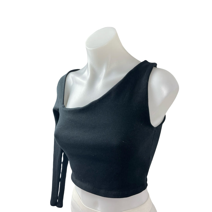 Zara Women's Black One Shoulder Asymmetric Neck Blouse Shirt Crop Top Size M
