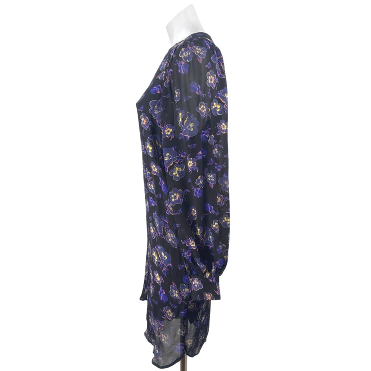 Ganni Women's Purple Floral Pansy Print Long Balloon Sleeve Mini Shift Dress 34