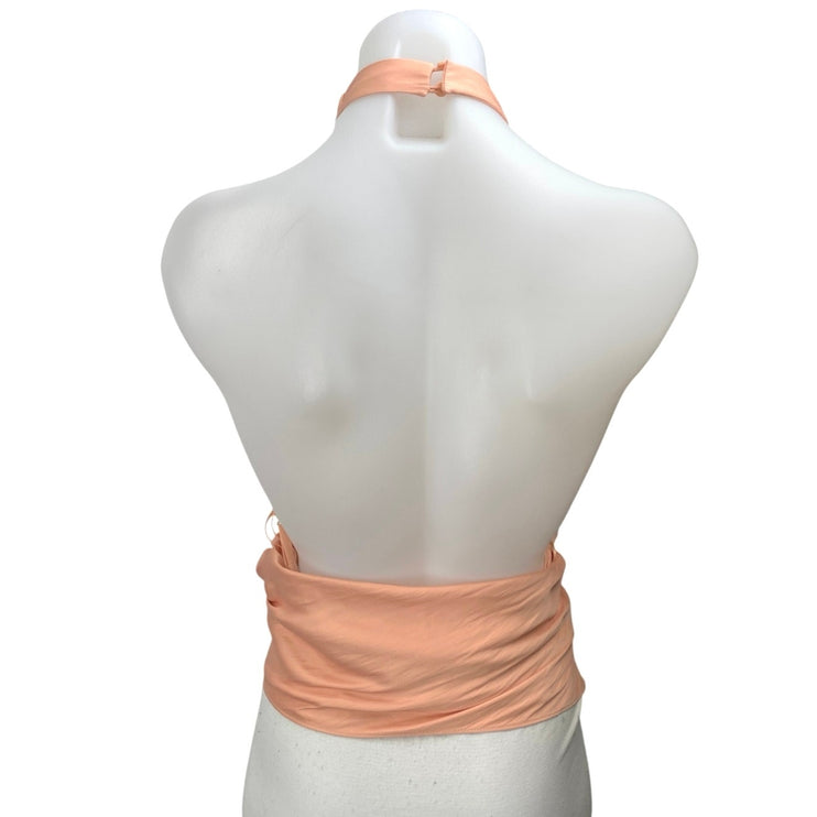 Zara Coral Silk Satin Halter Sleeveless Cowl Neck Open Back Blouse Top Size L
