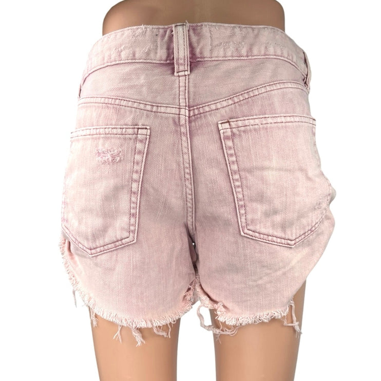 Free People Pink Button Fly Mid Rise Distressed Cut Off Denim Jeans Shorts 27