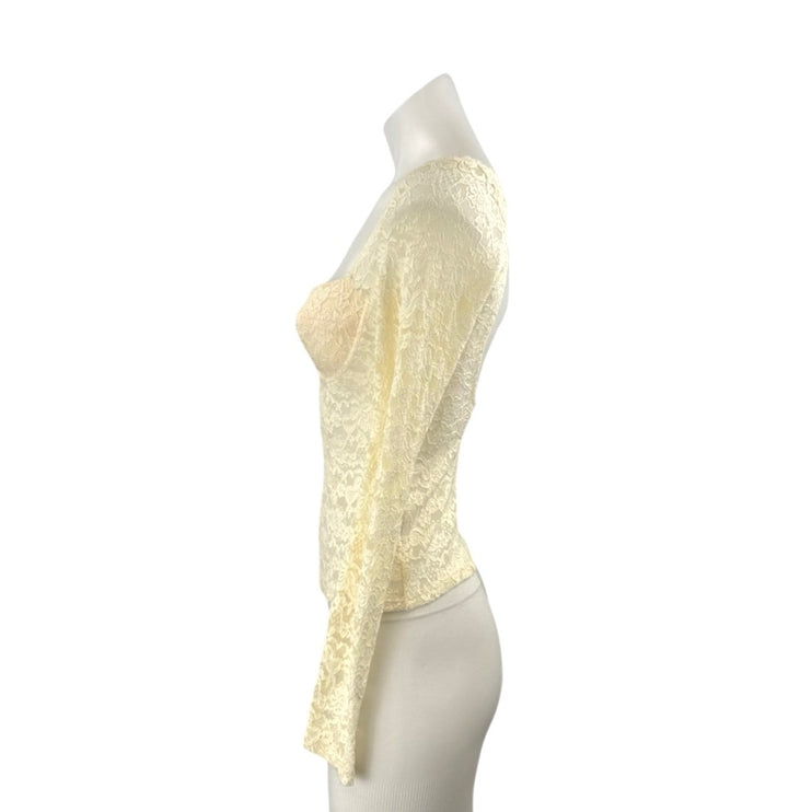 Women's Cream Floral Lace Bustier Corset Long Sleeve Backless Blouse Top Size S