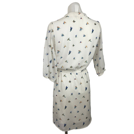 Yumi White Bird Print V-Neck Half Sleeve Elastic Waist Pull On Shirt Dress 6/8