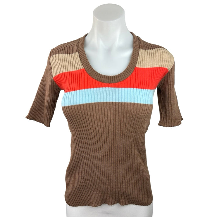 Women's Brown Striped Colorblock Short Sleeve Ribbed Knit Sweater Top Size S