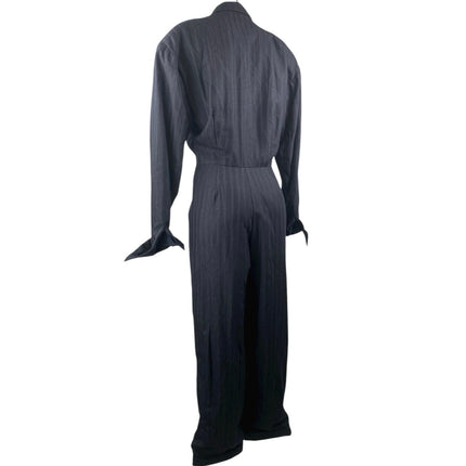 Women's Navy Blue Pinstriped Collared Long Sleeve Wide Leg Blazer Jumpsuit Sz M