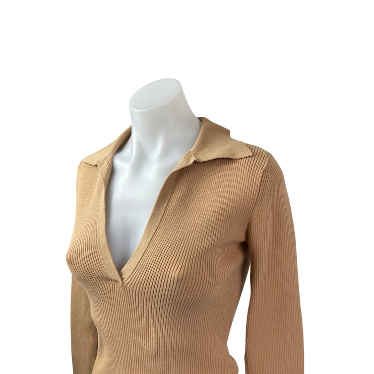 Intermix Nina Women's Ribbed Long Sleeve Collared V Neck Crop Sweater Top Sz P/S