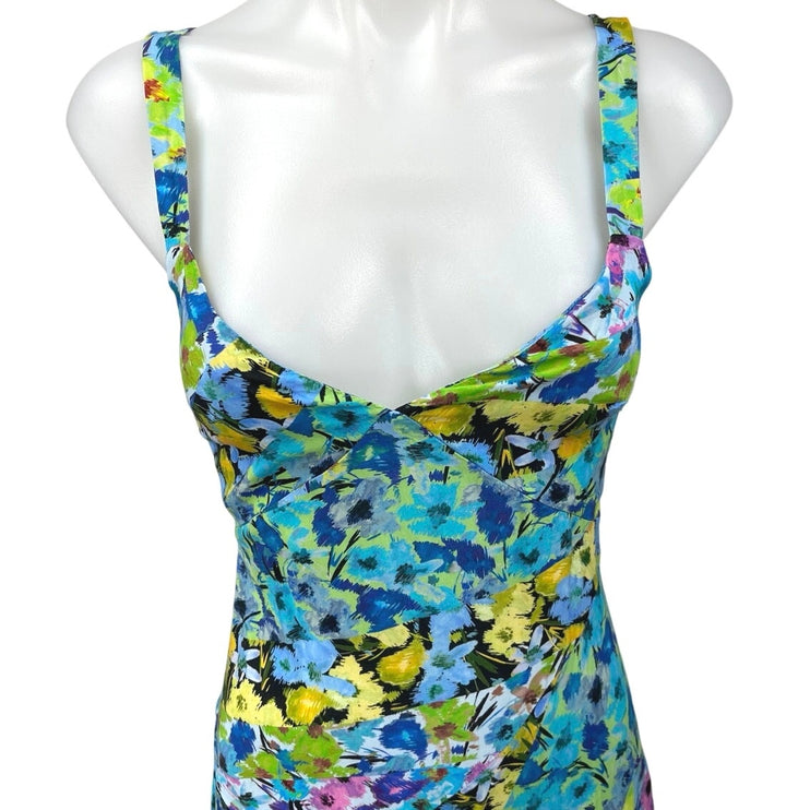 Zara Blue Multicolor Floral Sleeveless Cami Camisole Tank Sheath Midi Dress Sz S